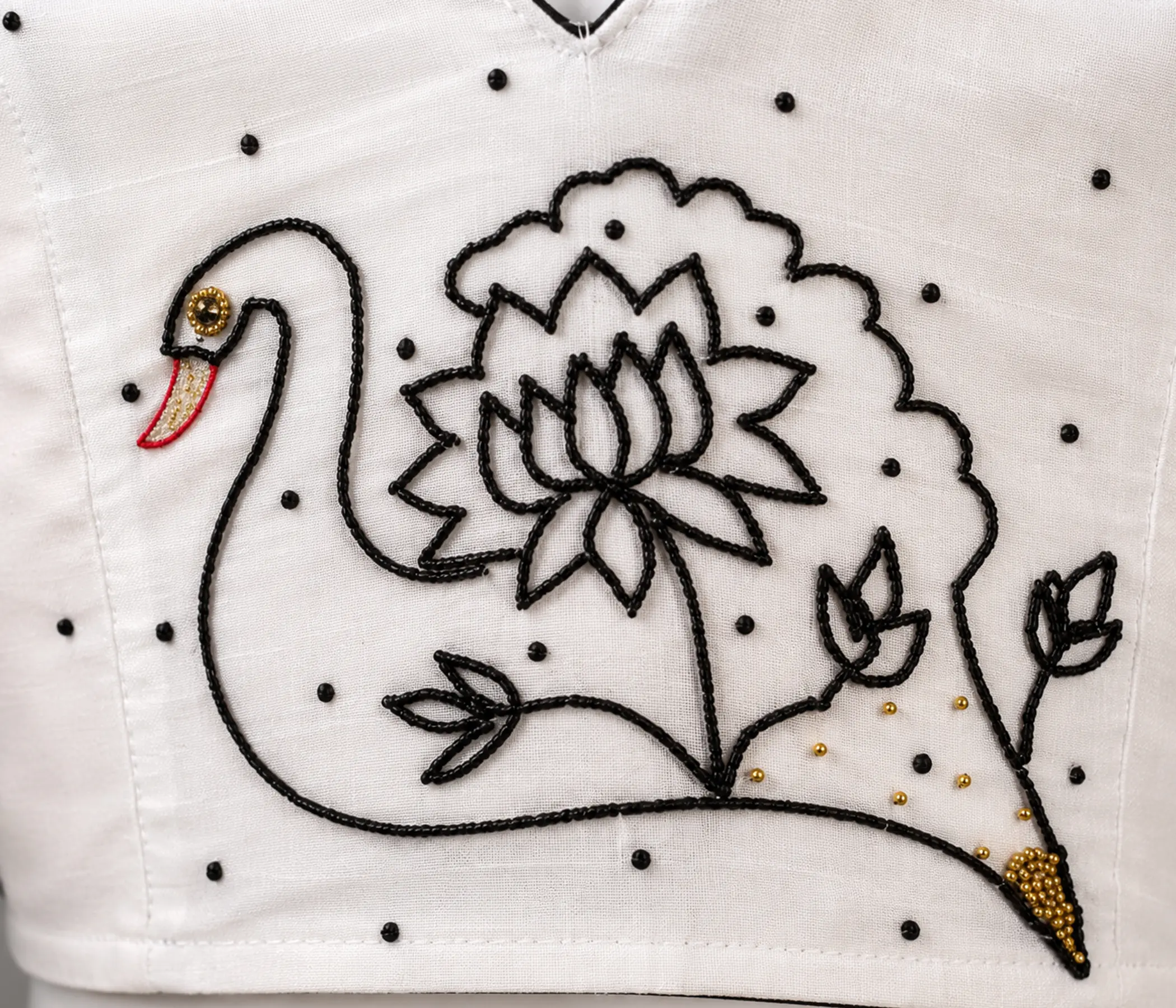 Pristine White Blouse Back Design with Hand-Embellished Art
